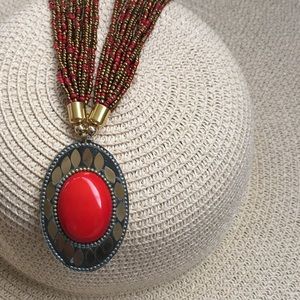 Red Orange Bronze Bead Multi-Strand Necklace